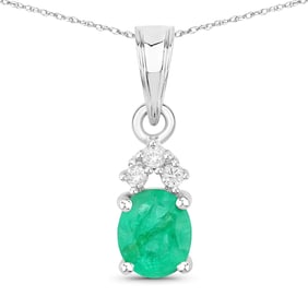 0.64 Carat Genuine Zambian Emerald and White Diamond   White Gold Pendant, 18.00 Inches