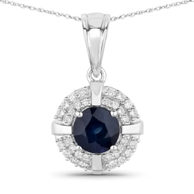 1.71 Carat Genuine Blue Sapphire and White Diamond   White Gold Pendant, 18.00 Inches