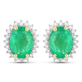 2.66 Carat Genuine Zambian Emerald and White Diamond   Yellow Gold Earrings