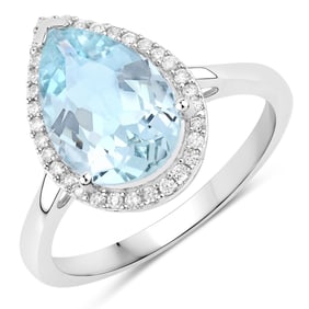 2.25 Carat Genuine Aquamarine And White Diamond   White Gold Ring, Size 7