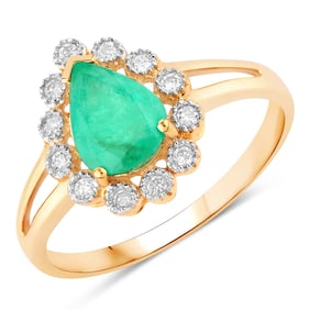 1.22 Carat Genuine Zambian Emerald and White Diamond   Yellow Gold Ring, Size 7