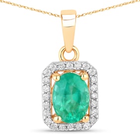 0.83 Carat Genuine Zambian Emerald and White Diamond   Yellow Gold Pendant, 18.00 Inches