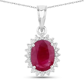 1.60 Carat Genuine Ruby and White Diamond   White Gold Pendant, 18.00 Inches