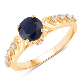 1.13 Carat Genuine Blue Sapphire and White Diamond   Yellow Gold Ring, Size 7