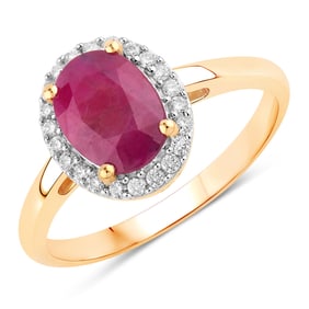 1.59 Carat Genuine Ruby and White Diamond   Yellow Gold Ring, Size 7