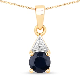 0.88 Carat Genuine Blue Sapphire and White Diamond   Yellow Gold Pendant, 18.00 Inches