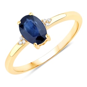 0.97 Carat Genuine Blue Sapphire and White Diamond   Yellow Gold Ring, Size 7