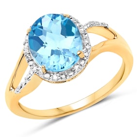 3.29 Carat Genuine Swiss Blue Topaz and White Sapphire   Yellow Gold Ring, Size 8