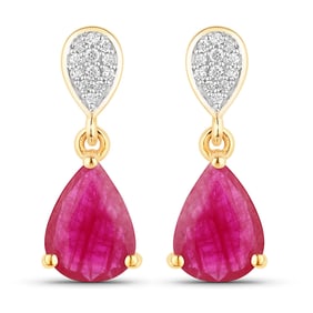 2.46 Carat Genuine Ruby and White Diamond   Yellow Gold Earrings