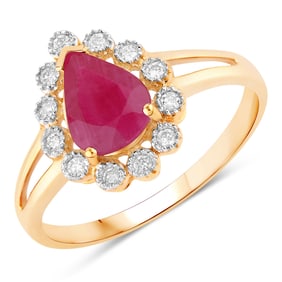 1.31 Carat Genuine Ruby and White Diamond   Yellow Gold Ring, Size 7