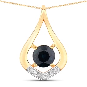 1.24 Carat Genuine Blue Sapphire and White Diamond   Yellow Gold Pendant, 18.00 Inches