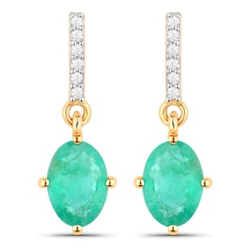 1.49 Carat Genuine Zambian Emerald and White Diamond   Yellow Gold Earrings