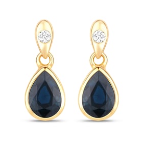 1.65 Carat Genuine Blue Sapphire and White Diamond   Yellow Gold Earrings