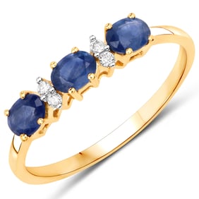 0.70 Carat Genuine Blue Sapphire and White Diamond   Yellow Gold Ring, Size 5
