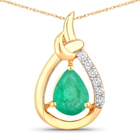 1.18 Carat Genuine Zambian Emerald and White Diamond   Yellow Gold Pendant, 18.00 Inches