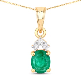 0.64 Carat Genuine Zambian Emerald and White Diamond   Yellow Gold Pendant, 18.00 Inches