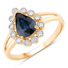 1.46 Carat Genuine Blue Sapphire and White Diamond   Yellow Gold Ring, Size 7