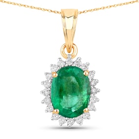 1.36 Carat Genuine Zambian Emerald and White Diamond   Yellow Gold Pendant, 18.00 Inches