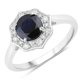 1.34 Carat Genuine Blue Sapphire and White Diamond   White Gold Ring, Size 7