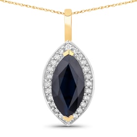 2.29 Carat Genuine Blue Sapphire and White Diamond   Yellow Gold Pendant, 18.00 Inches