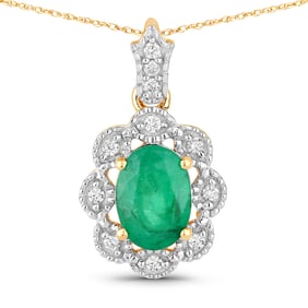 0.79 Carat Genuine Zambian Emerald and White Diamond   Yellow Gold Pendant, 18.00 Inches