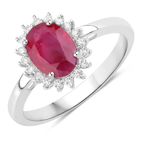 1.58 Carat Genuine Ruby and White Diamond   White Gold Ring, Size 7