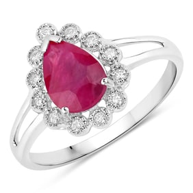 1.31 Carat Genuine Ruby and White Diamond   White Gold Ring, Size 7