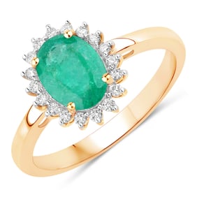 1.34 Carat Genuine Zambian Emerald and White Diamond   Yellow Gold Ring, Size 7