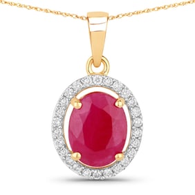2.51 Carat Genuine Ruby and White Diamond   Yellow Gold Pendant, 18.00 Inches
