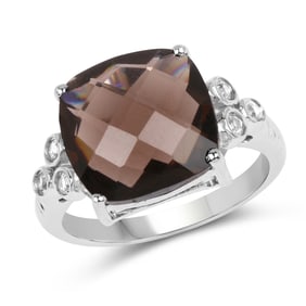 6.49 Carat Genuine Smoky Quartz & White Topaz .925 Sterling Silver Ring
