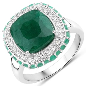 4.90 Carat    Emerald, Emerald and White Topaz , .925   Sterling Silver Ring