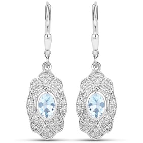 0.96 Carat Genuine Aquamarine and White Topaz , .925   Sterling Silver Earrings