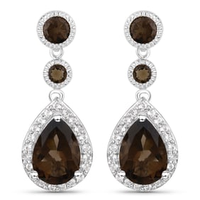 7.34 Carat Genuine Smoky Quartz and White Topaz , .925   Sterling Silver Earrings