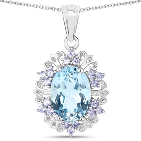 8.13 Carat Genuine Blue Topaz and Tanzanite , .925   Sterling Silver Pendant