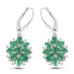 3.04 Carat Genuine Zambian Emerald and White Zircon , .925   Sterling Silver Earrings