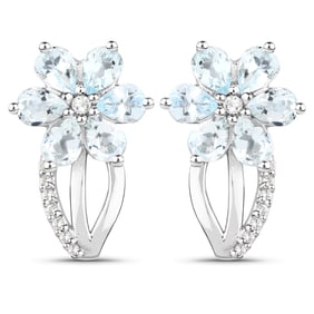 1.54 Carat Genuine Aquamarine and White Topaz , .925   Sterling Silver Earrings