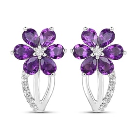 1.90 Carat Genuine Amethyst and White Topaz , .925   Sterling Silver Earrings