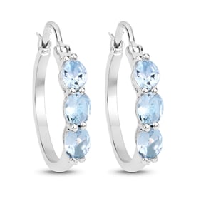 1.75 Carat Genuine Aquamarine and White Diamond , .925   Sterling Silver Earrings