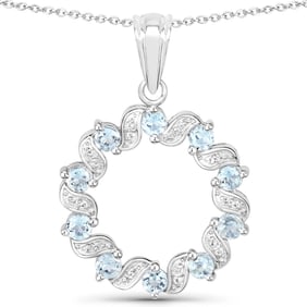 1.10 Carat Genuine Aquamarine and White Topaz , .925   Sterling Silver Pendant