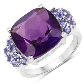 6.34 Carat Genuine Amethyst and Tanzanite , .925   Sterling Silver Ring
