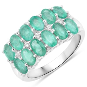 2.56 Carat Genuine Emerald and White Topaz , .925   Sterling Silver Ring