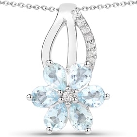 0.78 Carat Genuine Aquamarine and White Topaz , .925   Sterling Silver Pendant