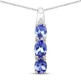 1.11 Carat Genuine Tanzanite and White Diamond , .925   Sterling Silver Pendant