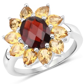 5.50 Carat Genuine Garnet and Citrine , .925   Sterling Silver Ring