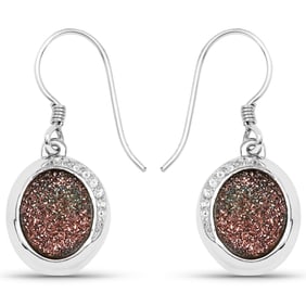 4.72 Carat Genuine Copper Bloom Drusy and White Topaz , .925   Sterling Silver Earrings