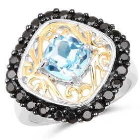 Two Tone Plated 2.85 Carat Genuine Swiss Blue Topaz and Black Spinel , .925   Sterling Silver Ring