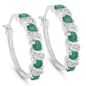 1.08 Carat Genuine Emerald and White Topaz , .925   Sterling Silver Earrings