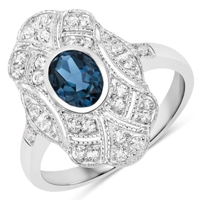 1.32 Carat Genuine London Blue Topaz and White Topaz , .925   Sterling Silver Ring