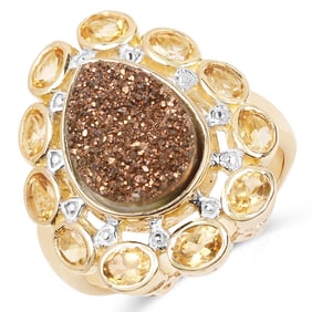5.14 Carat Genuine Bronze Drusy and Citrine , .925   Sterling Silver Ring