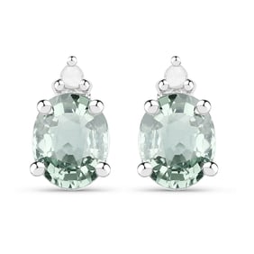 0.64 Carat Genuine Green Sapphire and White Diamond , .925   Sterling Silver Earrings
